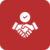 Group 69 Handshake icon with checkmark on red background.